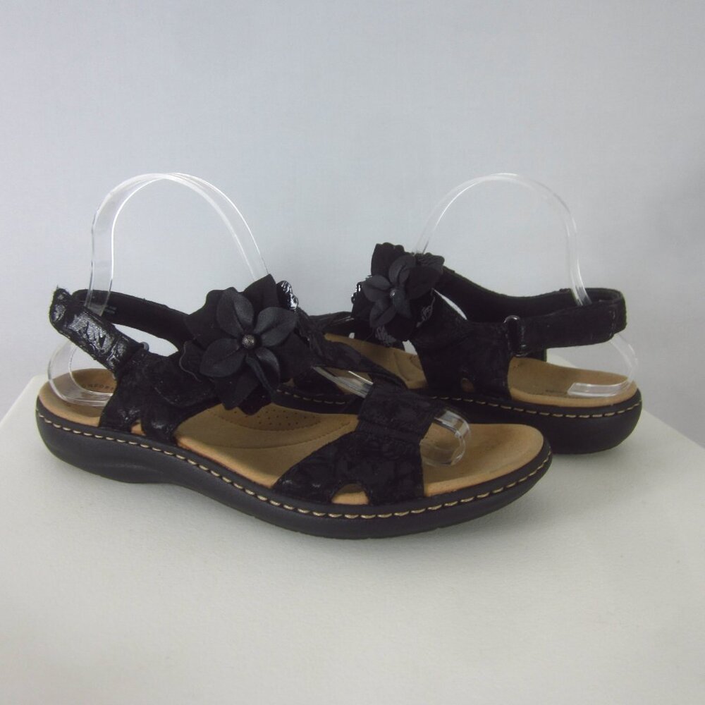 New Clarks Laurieann Bea Women 8.5 M Black Leather Floral Ankle Strap Sandals - Picture 3 of 15